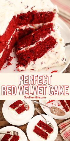 a red velvet cake with white frosting is cut into pieces and served on plates