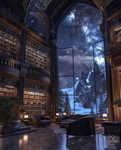 a large room filled with lots of furniture and bookshelves under a night sky filled with stars