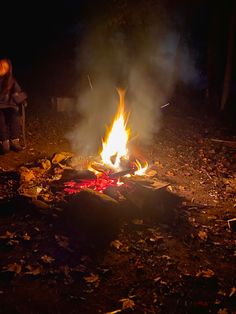 a person sitting next to a fire in the dark with leaves on the ground around it