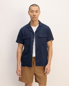 Meet the Linen Short-Sleeve Camp Shirt. This piece features a relaxed fit, short sleeves, camp collar, button closure, and patch pockets with flaps, in linen. Linen Camp Shirt With Camp Collar, Everyday Linen Tops With Camp Collar, Collared Linen Camp Shirt With Pockets, Classic Unstructured Linen Tops, Spring Linen Camp Shirt With Relaxed Fit, Collared Linen Shirt For Casual Gatherings, Casual Linen Shirt With Relaxed Fit, Spring Linen Relaxed Fit Camp Shirt, Spread Collar Linen Top In Natural Color