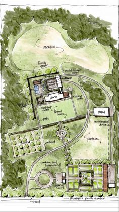 a drawing of a garden with lots of trees and plants around it, including the ground plan