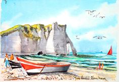 watercolor painting of people on the beach with boats and cliffs in the back ground