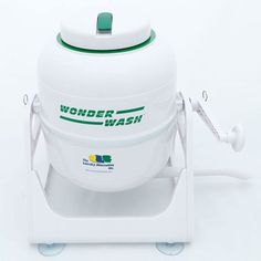 a white water tank sitting on top of a stand with the words wonder wash written on it