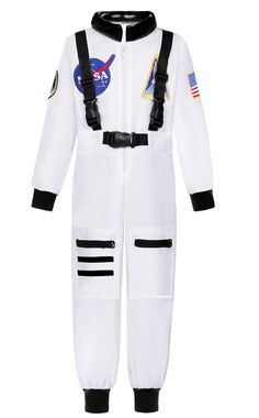 a white space suit with nasa patches on the chest and two black suspenders,