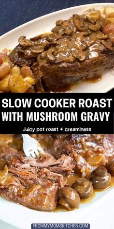 slow cooker roast with mushroom gravy on a white plate and in the foreground