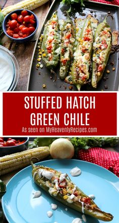 stuffed hatch green chile on a blue plate next to corn, tomatoes and other vegetables