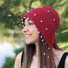 This adorable skull cap hat is crocheted with high-quality organic cotton yarn and it is embellished with pearls. It is lightweight, breathable, non-itchy, and soft on the skin.   This light and comfortable skull cap hat is made in boho hippie style.  This cute crochet skull cap hat with pearls is a perfect accessory for all seasons, rave festivals, Halloween parties, and daily wear and is very trendy. This hand-knitted hat with tassel is good for short and long hair and it is a great gift for l Bohemian Yarn Bonnet For Winter, Winter Bohemian Yarn Bonnet, Bohemian Adjustable Beanie For Fall, Bohemian Winter Bonnet, Festival Crochet Hat, One Size Fits Most, Bohemian Crochet Cap Hat, Bohemian Knitted Beanie, Bohemian Knitted Beanie One Size, One-size Festival Costume Cap