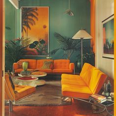 an orange and green living room with palm trees