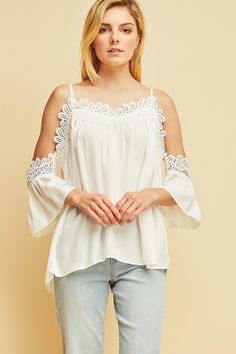 Crochet Trim Cold-Shoulder Tunic Top by Entro Fall Brunch Off-shoulder Top, White Cold Shoulder Blouse For Spring, Spring White Cold Shoulder Blouse, Summer Party Blouse With Cold Shoulder, Elegant White Off-shoulder Top For Fall, Trendy Off-shoulder Top For Spring Brunch, Trendy Spring Off-shoulder Top For Brunch, Summer Party Cold Shoulder Blouse, Elegant Off-shoulder Top For Spring Brunch