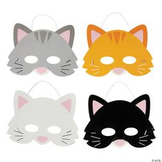 three masks with cats on them are shown in four different colors and shapes, one is white, the other is gray