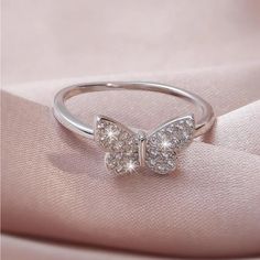 New Cubic Zirconia Butterfly Ring Silver Tone Copper Sterling Silver Rings With Rhinestones, Bling Diamond Ring For Promise, Adjustable Butterfly Ring In Cubic Zirconia, Promise Rings For Her, Butterfly Ring, Ring Color, Ring Silver, Womens Jewelry Rings, Promise Rings