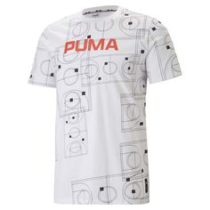 The punchy PUMA print emblazoned across this tee ensures maximum stand-out, both on the court and on the fly. Bold branding gives it an unmistakably PUMA personality, while the 100% cotton construction and easy, breezy fit add a quality feel. $12.95 White T-shirt With Front Print For Sports Events, Cotton Sports T-shirt With All Over Print, White Sports Tops With Front Print, White Athleisure T-shirt With Graphic Print, White Sports Top With Front Print, Sporty White T-shirt With All Over Print, Cotton T-shirt With All Over Print For Sports Events, White Graphic Print T-shirt For Sports, Sports Cotton T-shirt With All Over Print