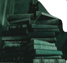 a black cat sitting on top of a pile of books