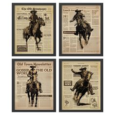 four old newspapers with cowboy images on them