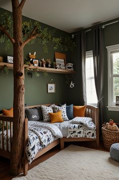 a child's bedroom with green walls and white carpet