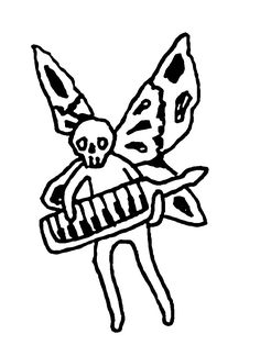 a black and white drawing of a butterfly with a piano in it's hand