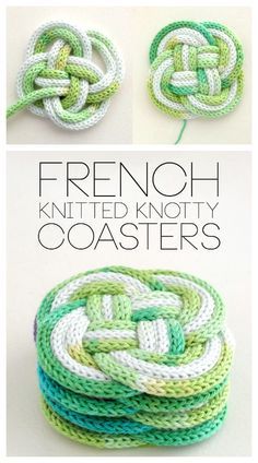 crocheted coasters are made with yarn, and the text reads french knitted knotty coasters