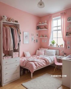 a bedroom with pink walls and white furniture