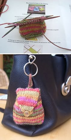 two pictures one has a purse and the other has knitting needles in it with yarn