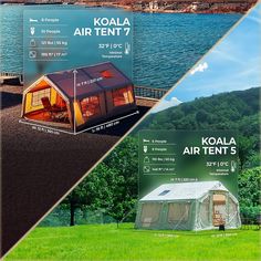 an advertisement for the koala air tent is shown in two different images, one showing its interior and exterior