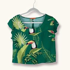 Short Sleeve Toucan Print T-Shirt. Brand New! Small Cut Out In The Back, And At The En Of The T-Shirt. See Pictures. Soft Material And Super Lightweight. Size 42 - Which Is Between A M And L Length, Shoulder To Her 19” Green Printed T-shirt For Vacation, Green Printed Tropical Tops, Green Tropical Printed Tops, Green Printed Crew Neck Blouse, Green Graphic Print Short Sleeve Blouse, Green Short Sleeve Blouse With Graphic Print, Green Blouse With Graphic Print And Short Sleeves, Green Tropical Crew Neck Top, Casual Green Tops With Tropical Print