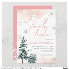 a pink and white christmas party card with snowflakes on the tree, it's party time