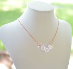 "2018 New Vine Necklace , featuring hand sculpted Cherry Blossom in Rose gold plated chain. Details: - Hand sculpted Cherry Blossom made from polymer clay. - Hand wired Swarovski pearls and glass crystals - Metal Finish : Rose gold ( pictured), gold , silver and antiqued brass available. - Length : 16 + 2\" extender. - Made to order in 5 business days. If you need earlier shipping date please drop a note. Rush order please convo me for availability. Note : precious chain and wire available in St Delicate Rose Gold Jewelry With 3d Flowers, Rose Gold Jewelry With 3d Flowers For Gift, Rose Gold Pictures, Vine Necklace, White Cherry Blossom, Clay Hand, White Cherries, Necklace Bridal, Swarovski Pearls