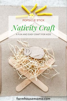 popsicle stick nativity craft for kids to make with straw and yarn, including an ornament