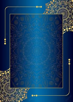 a blue and gold background with an ornate design in the middle, on top of it