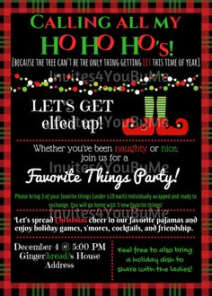 a christmas party flyer with an elf's boot on the front and plaid background