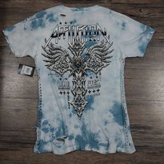 Affliction Shirt Iron Armada Size Womens L...Measurements In Pics Flaw See Circled Pic Blue Grunge Tops For Streetwear, Bleached Blue Tops For Streetwear, Blue Cotton Punk Top, Blue Distressed Grunge Tops, White Distressed Tops For Concert, Fitted Grunge Blue Top, Blue Distressed Graphic Tee, Blue Y2k Style Festival Top, Blue Punk Style Tops For Streetwear