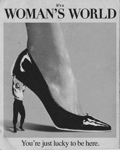 an advertisement for women's world featuring a man standing next to a high heeled shoe