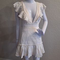 Forever 21 Off White/Cream, A Gauze Woven Mini Dress Featuring Sheer Geo Lace Trim. Ruffled Cap Sleeves, A Plunging V Neck Line,Square Cut Back,Self Tie Backstraps,Flounce Hem, Side Zipper And A Flowy Silhouette. Size S #Forever21. T-E-4 Fitted Off White Mini Dress With Ruffles, Fitted Off-white Mini Dress With Ruffles, Fitted Cream Mini Dress For Vacation, Off White Ruffled Casual Mini Dress, Off White Cotton Mini Dress With Ruffles, Off White V-neck Mini Dress With Ruffles, Lined Summer Mini Dress By Forever 21, Summer Lined Mini Dress By Forever 21, Off-white V-neck Mini Dress With Ruffles