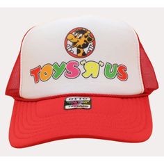 New Adults One Size Fits Most, Toys "R" Us Retro Trucker Hat With Adjustable Closure In The Rear. Foam Hat With Poly Mesh Back. Vintage Style Hat Color - Red / White Cap Features: 100% Polyester Front 100% Nylon Mesh Back 5-Panel Cap Seamless Foam Front Panel With Lining 8 Rows Stitching On Visor Matching Fabric Under Visor Adjustable Plastic Snap Adjustable Red Hats For Playtime, Adjustable Red Hat For Playtime, Playful White Hat For Play, Novelty Red Trucker Hat, Fun White Hats For Play, Fun White Hat For Play, Playful Red Hats For Playtime, Playful Red Hat For Playtime, Yellow Baseball Cap