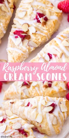 raspberry almond cream scones on a plate with strawberries and almonds