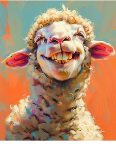 a painting of a smiling sheep with curly hair