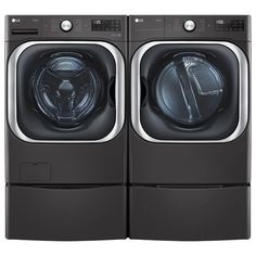 the front load washer and dryer are shown in black steel, with two doors open