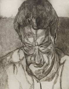 a black and white drawing of a man with glasses on his face, looking at the camera