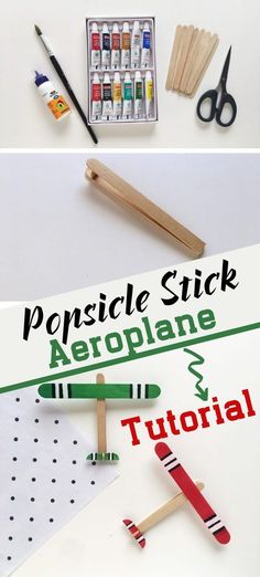 popsicle stick aeroplane craft with crayons and glue on it, next to the instructions for how to use popsicle sticks