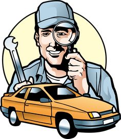 a man holding a magnifying glass and looking at a car with a wrench in his hand