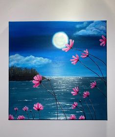 a painting of pink flowers in front of the ocean with a full moon behind them