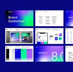 the brand guidelines presentation is displayed on a dark blue background with purple and green accents