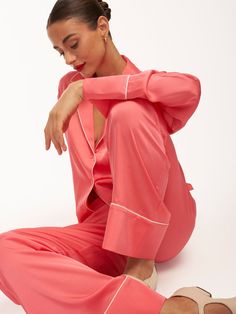 Voluminous Sleeves, Pajama Pant, Girly Pictures, Fall Collection, Pajama Shirt, Long Sleeve Pyjamas, Fall Collections, Coral Pink, Lapel Collar