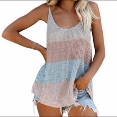 Boho Top New Multicolor Knit Tank Sm 4/6 New With Tags White Camisole Top, Womens Tank Tops Summer, Summer Knit Tops, Sleeveless Knit Top, Scoop Neck Tank Top, Sleeveless Tops, Summer Knitting, Summer Tank Tops, U Neck