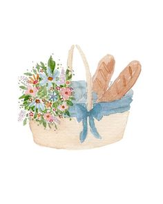 a watercolor painting of a basket with flowers and bread in it, on a white background