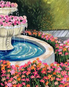 a painting of a fountain with flowers in it