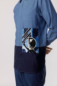 Full sleeve panelled shirt with hand embroidered patch pocket. Fit: Regular fit Color: blueFabric: herringbone denim Patch Work Shirt, Blue Denim Shirt, Patch Work, Work Shirt, Pocket Shirt, Fashion Line, Colored Denim, Work Shirts, Embroidered Patch