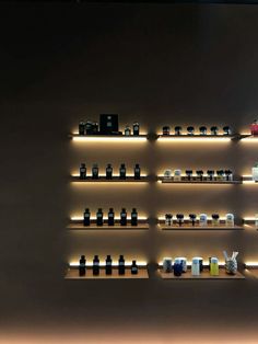 the shelves are filled with many different types of bottles and containers, all lit up by dim lighting