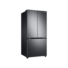 a black refrigerator freezer sitting on top of a white wall