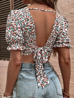 Multicolor Boho  Short Sleeve Polyester Ditsy Floral Top Embellished Non-Stretch Summer Women Tops, Blouses & Tee Cute Summer Blouses, Mary Jane Outfit, Ditsy Floral Top, Trendy Fashion Tops, Fashion Dresses Casual